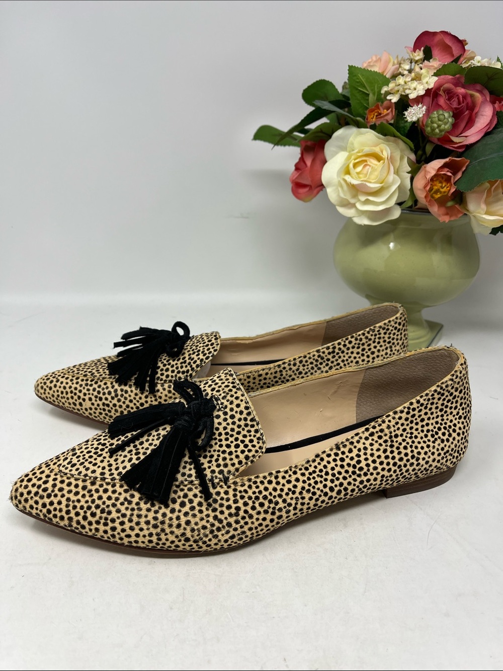 SOLE SOCIETY HADLEE COW HAIR LEATHER UPPER DOT ANIMAL PRINT SUEDE BOW SZ 10